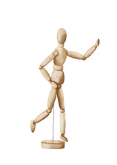 Watercolour illustration of posable wooden mannequin figure for drawing on transparent background 