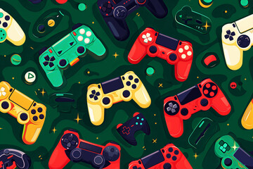 Colorful collection of vintage and modern game controllers. Generative AI image