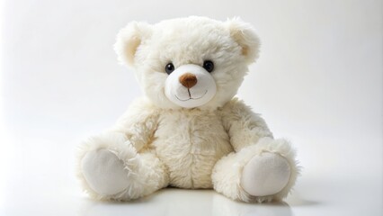 Obraz premium Isolated plush white teddy bear sitting upright on a clean white background, showcasing its soft fur and cute expression, perfect for e-commerce or advertising use.