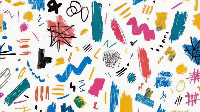 Seamless pattern colorful doodle brush strokes on white background.