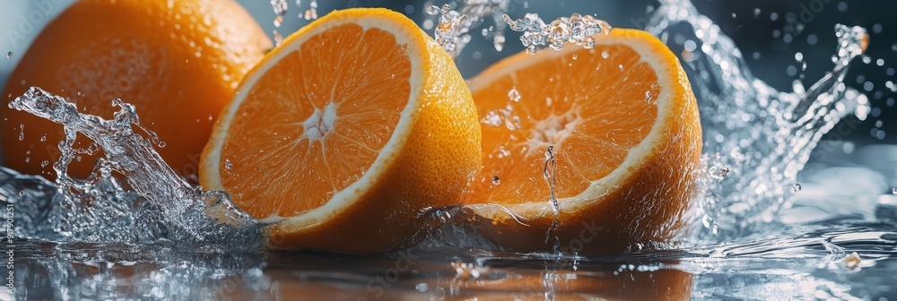 Poster Fresh Oranges Splashing in Water - A Vibrant Image of Refreshment - Three juicy oranges splashing in water, symbolizing freshness, vitality, health, hydration, and a burst of flavor.