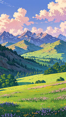 Obraz premium Beautiful view of flowering meadow with mountains and clouds, AI generated illustration 33