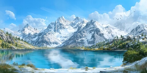 Fototapeta premium Enchanting Anime-Style Winter Wonderland: Majestic Snowy Mountains Reflected in Serene Lake. AI-Generated Masterpiece for Cultural Illustrations and Creative Marketing. Festive 4K Wallpaper Blending C