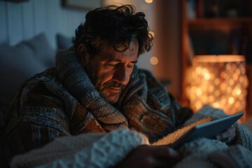 Obraz premium candid shot of a mid-adult man engrossed in surfing on social media using a digital tablet at home.