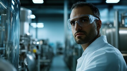 Fototapeta premium A Man in a Lab Coat and Safety Glasses Looking Over His Shoulder