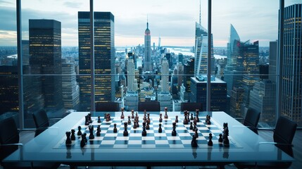 The chess board has a beautiful modern corporate office backdrop.