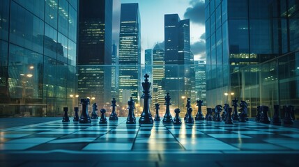 Obraz premium The chess board has a beautiful modern corporate office backdrop.