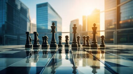 The chess board has a beautiful modern corporate office backdrop.