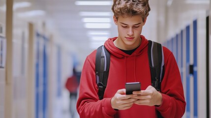 Teenage Boy in Red Hoodie Using Smartphone in School Hallway
