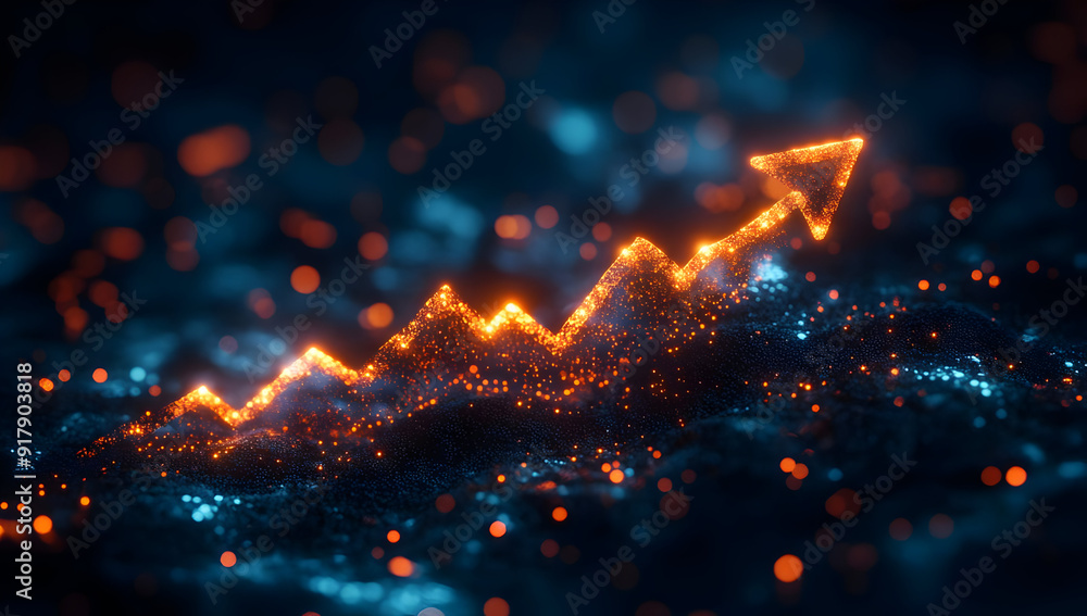 Poster dynamic glowing arrow representing growth and progress in a digital space with vibrant colors and sp