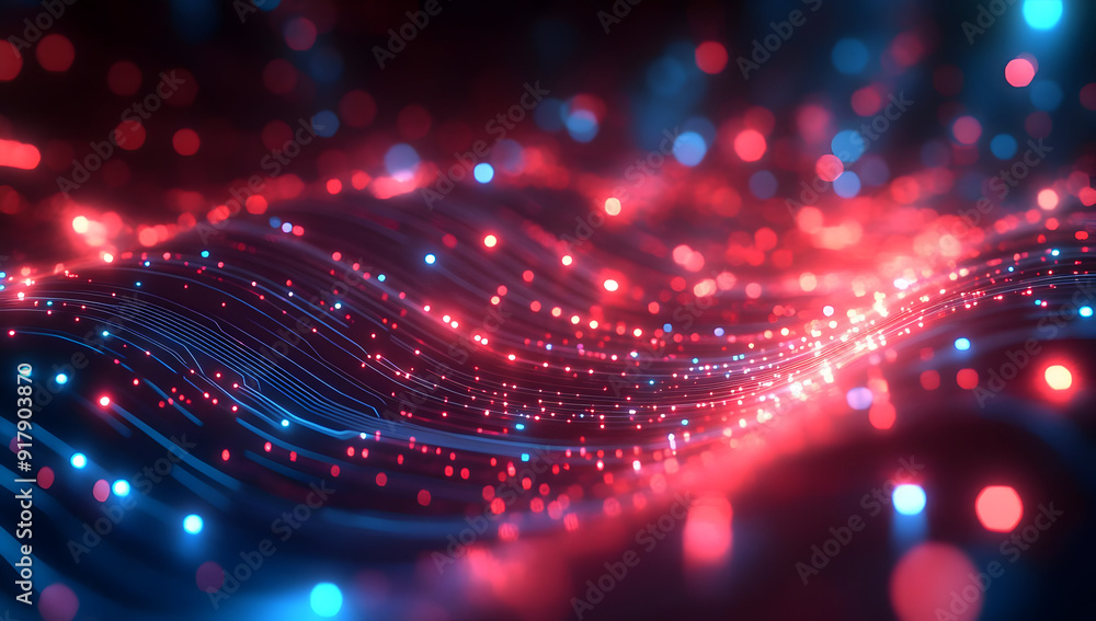 Poster a vibrant abstract wave of glowing particles in red and blue, creating a dynamic and energetic visua