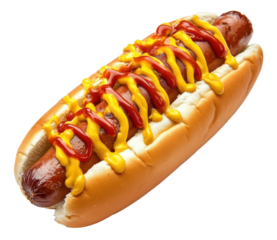 Hot dog with mustard and ketchup on a bun, cut out - stock png.