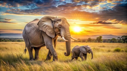 Obraz premium Majestic African elephant mother gently guides her adorable calf through a sun-drenched savannah, showcasing a heartwarming moment of maternal love in the wild.