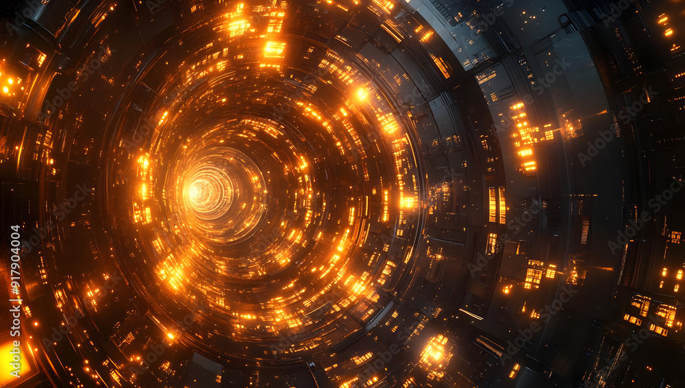 Poster futuristic abstract tunnel with glowing orange lights, creating a sense of movement and depth in a d