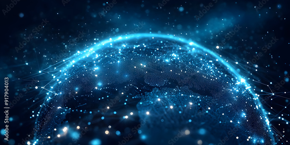 Poster a mesmerizing view of a digital globe illuminated with blue lights, representing connectivity and te