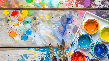 Creative artist workspace with colorful paint splatters and brushes, vibrant inspiration