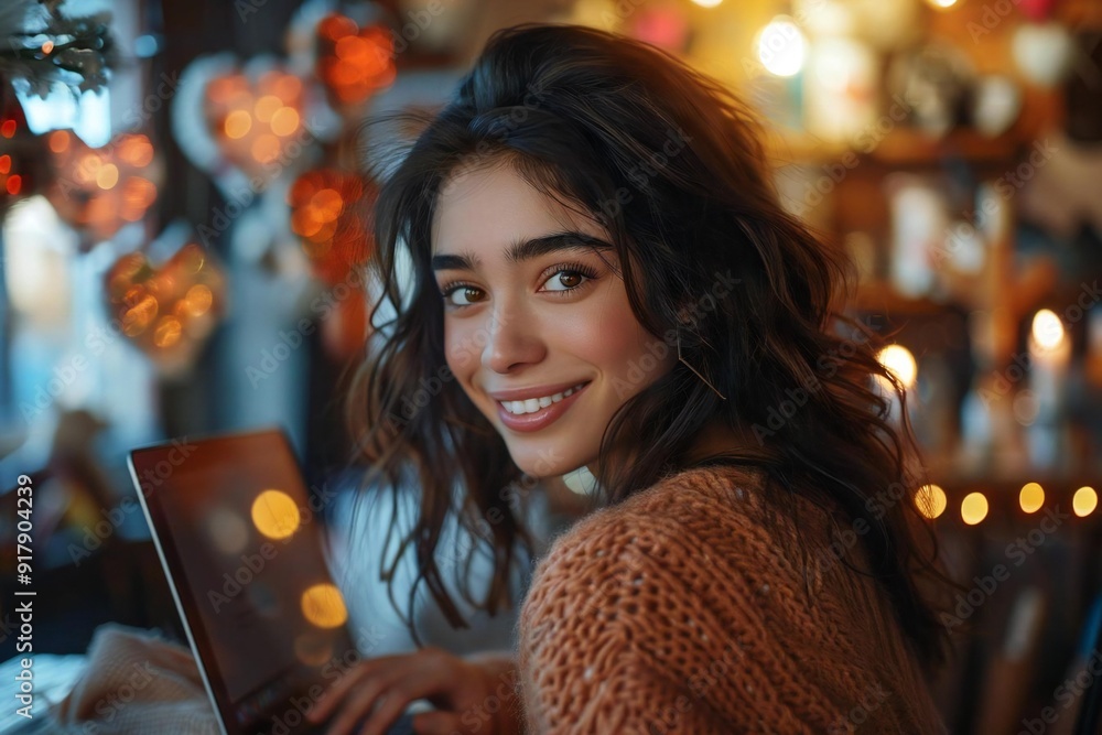 Wall mural close-up shot of a young woman's side profile as she smiles and types on her laptop, surrounded by heart-shaped decorations in a cozy home setting.