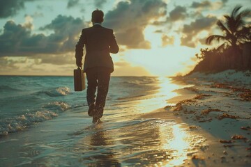 businessman running towards the beach with a briefcase, symbolizing escape from a conference meeting.