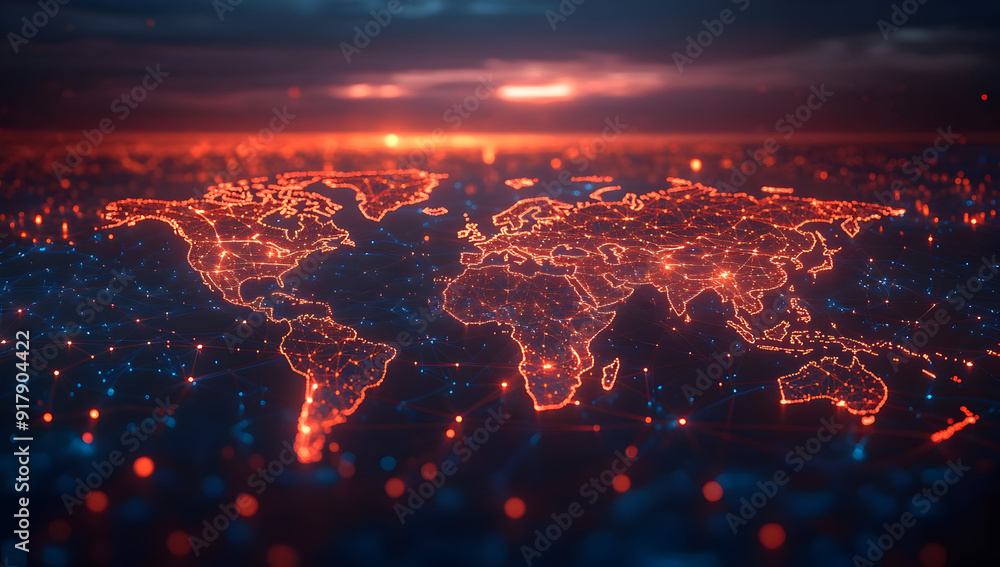 Poster a stunning digital representation of the world, illuminated by a network of glowing points, symboliz