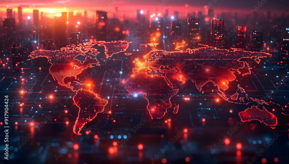 Poster futuristic world map displayed with glowing red connections in a digital cityscape, symbolizing glob