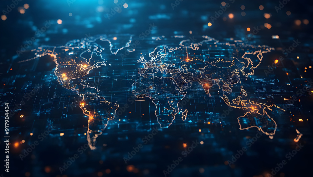 Poster digital world map with glowing lines and lights, illustrating global connections and technology in a