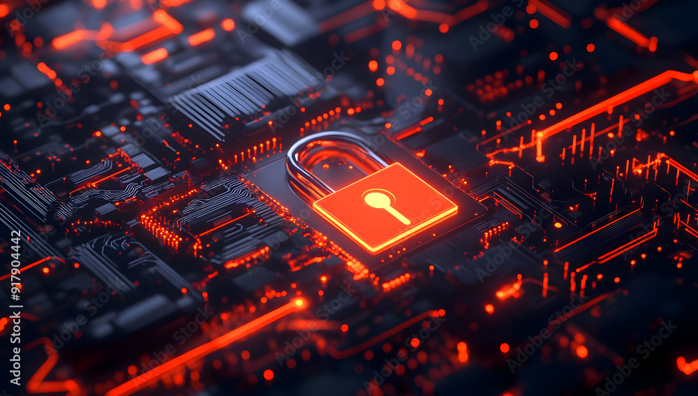 Poster a futuristic digital lock symbol on a circuit board background, representing cybersecurity and data 
