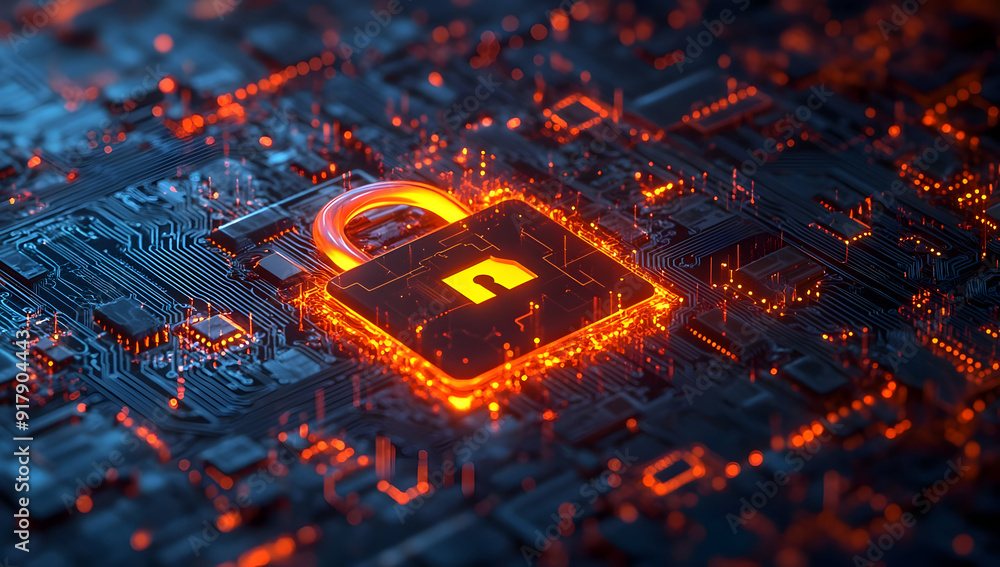 Poster digital padlock glowing on a circuit board, symbolizing cybersecurity and data protection in a techn