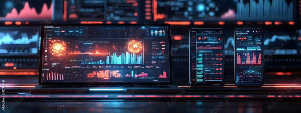 Aufkleber futuristic digital screens displaying data analytics with vibrant colors, perfect for technology and
