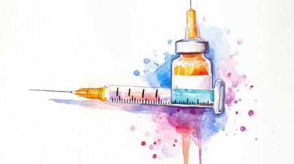 Watercolor Painting of Medical Syringe and Vaccine Vial. National Immunization Awareness Month