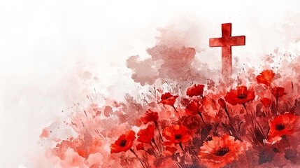 Watercolor Cemetery Scene with Cross and Red Flowers. Remembrance Sunday