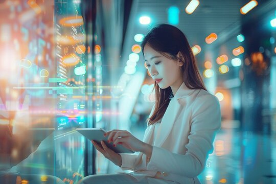 a businesswoman working on a tablet in a high-tech office lobby