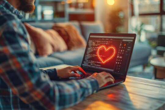 close-up photo of a man dating online with a heart shape on his laptop screen, symbolizing long distance relationships and love/connection through technology.