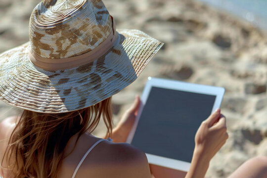 Close-up shot of a woman in a sunhat holding a digital tablet with a blank screen while sitting on a sandy beach on a sunny day.