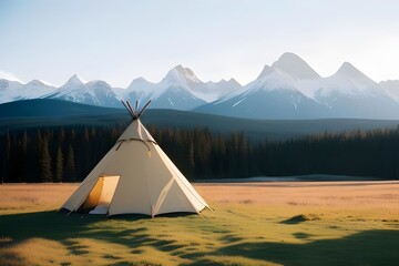photo of a landscape featuring mountains, nature and a teepee, forest, river, sunrise, sunset, wilderness, trees, sky, clouds, grass, poster, rocks, tranquility, adventure, outdoors, serenity