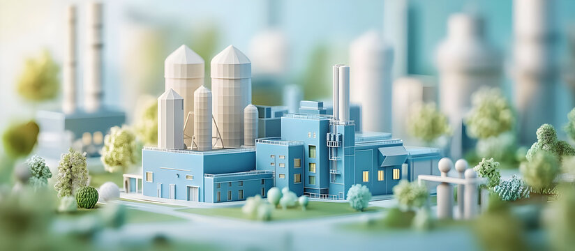 A detailed model of a modern factory showcasing industrial architecture and greenery. Perfect for business and environmental themes.