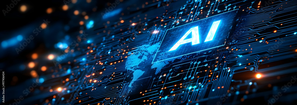 Poster futuristic digital background featuring ai technology with a world map, glowing elements, and networ