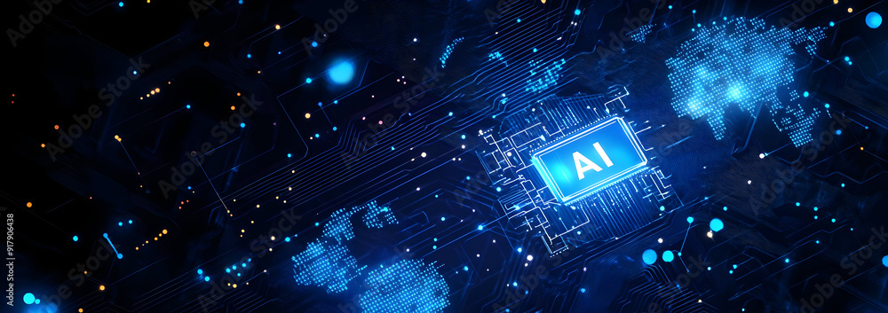 Poster futuristic circuit board with glowing ai symbol, representing the advancement of artificial intellig