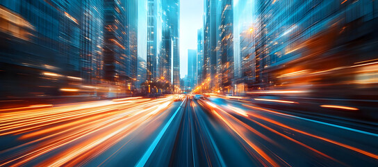 A vibrant cityscape with motion blur, showcasing dynamic light trails and towering skyscrapers in a bustling urban environment.