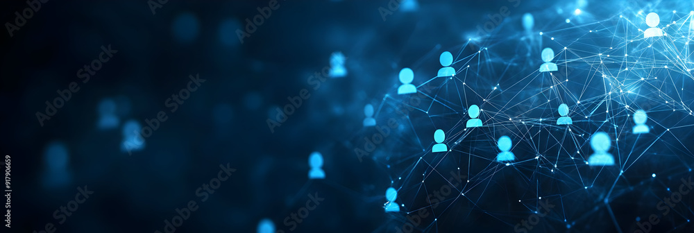 Poster abstract network connection with glowing blue icons representing people and data exchange in a digit