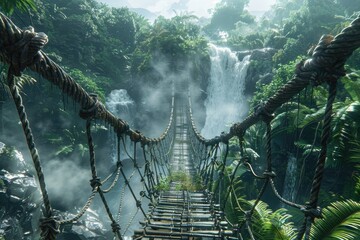 Old rope bridge crossing misty jungle waterfall © Gatherina