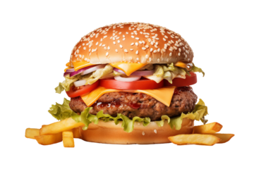 Hamburger on transparent background. Hamburger related themes. Fast food. Hamburger sale. Images for graphic designers. Isolated hamburger. PNG cutout.
