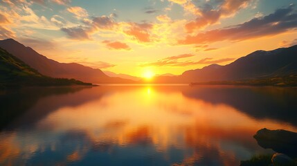 Fototapeta premium Sunset over a calm lake with mountains in the background.