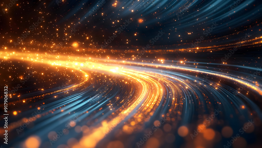 Poster dynamic abstract composition featuring flowing lines and glowing particles, creating a sense of move