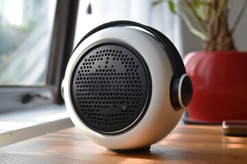 Modern wireless speaker streaming music wirelessly on desk