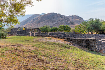 Side view of tuins of the Byzantine church at Kursi (Gerassa) National Park near the Sea of Galilee in Israel.
