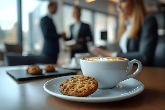A close-up of a coffee cup and cookie, with blurred business people in the background, perfect for office and meeting themes.