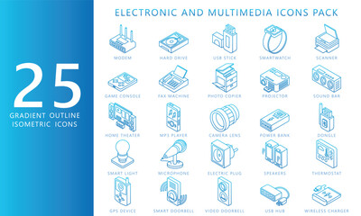 Electronic and multimedia gradient outline icons set, contain modem, bulb, printer, disk, camera and more. vector EPS 10. use for UI, UX technology, home appliances theme, app and web development.