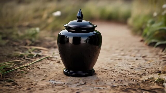 Black urn placed on a dirt path surrounded by greenery during the day
