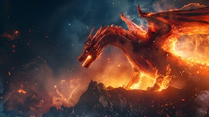 Naklejka premium Fierce Dragon Roaring Atop a Dramatic Mountain Landscape at Night Flames and Power Illuminating the Sky