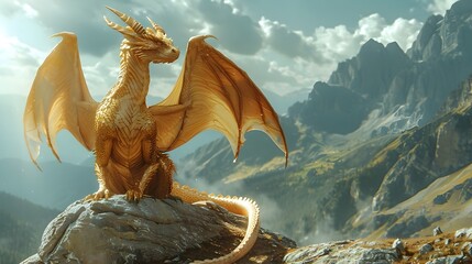 Obraz premium Majestic Golden Dragon Overlooks Vast Fantasy Kingdom from Mountain Peak